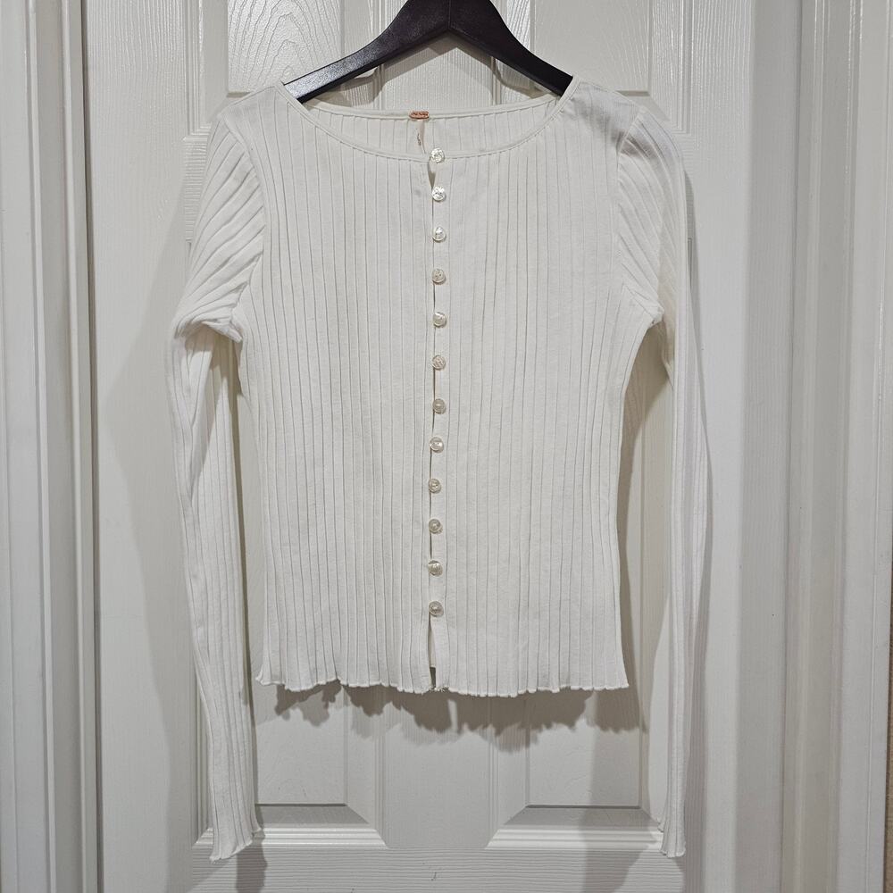 Free People Ribbed Cardigan Cream Button Front Stretch Size L - Picture 7 of 7